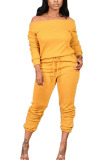 Yellow Fashion Sexy Adult Twilled Satin Solid Patchwork Draw String Bateau Neck Straight Jumpsuits