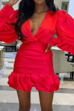 Red Sexy Casual Solid Basic V Neck Long Sleeve Dresses