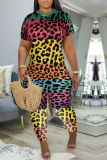 Turquoise Sexy Leopard Split Joint O Neck Skinny Jumpsuits