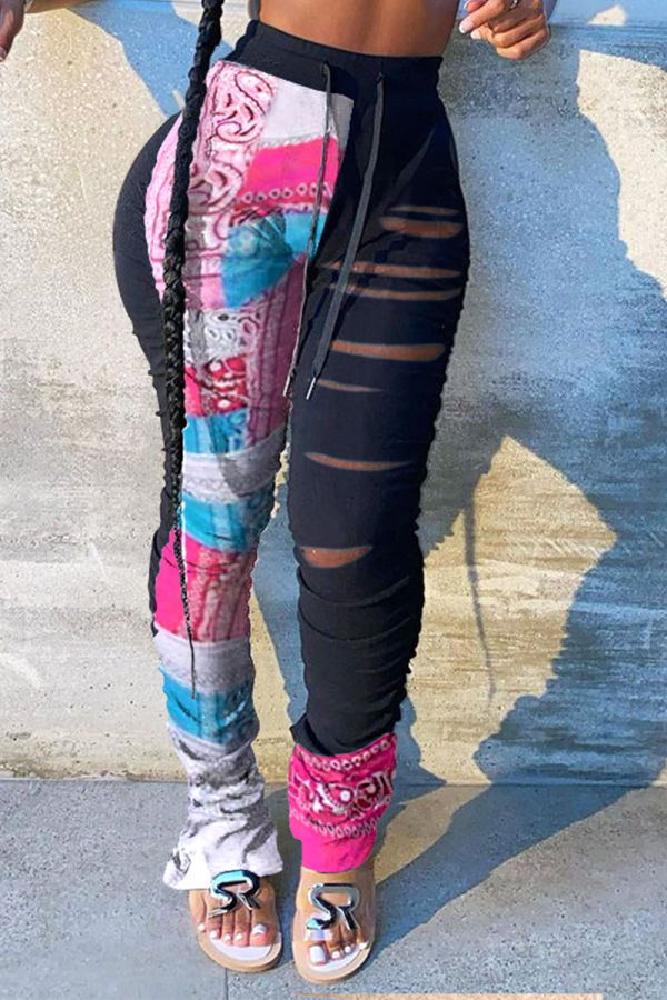 Black Casual Print Ripped Skinny Mid Waist Speaker Patchwork Bottoms