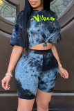 Black Casual Patchwork Tie-dye O Neck Half Sleeve Two Pieces