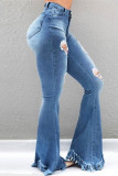 Blue Fashion Casual Solid Ripped Mid Waist Boot Cut Jeans