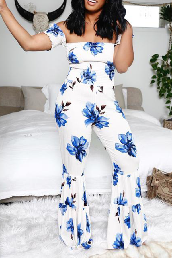 White Casual Print Split Joint Off the Shoulder Boot Cut Jumpsuits