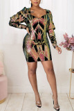 Colour Street Geometric Solid Sequins Mesh V Neck Pencil Skirt Dresses