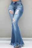 Blue Fashion Casual Solid Ripped Mid Waist Boot Cut Jeans