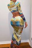 Multicolor Casual Print Split Joint Half A Turtleneck Long Sleeve Two Pieces