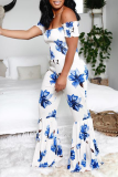 White Casual Print Split Joint Off the Shoulder Boot Cut Jumpsuits