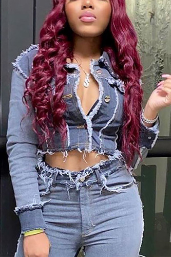 Grey Fashion Casual Long-sleeved Short Denim Jacket