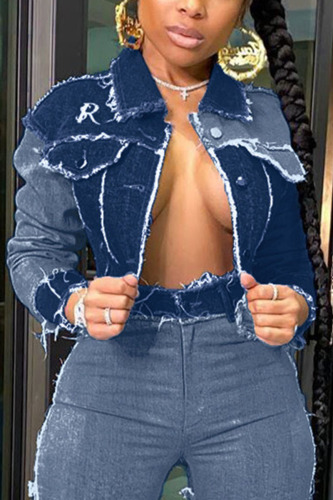 Dark Blue Fashion Casual Long-sleeved Short Denim Jacket