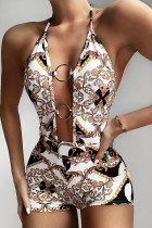 White Sexy Cutout Printing One-piece Swimsuit