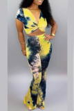 Yellow Sexy Print Split Joint V Neck Short Sleeve Two Pieces