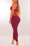 Burgundy Sexy Solid Hollowed Out Patchwork Spaghetti Strap Pencil Skirt Dresses