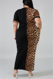 Rose Red Fashion Casual Leopard Short Sleeve Dress