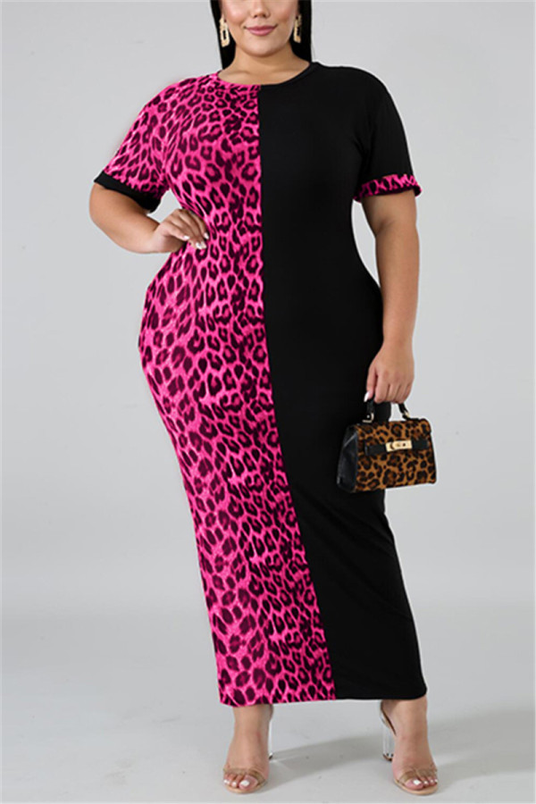 Rose Red Fashion Casual Leopard Short Sleeve Dress