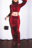 Red Sexy Animal Print Patchwork Turtleneck Long Sleeve Two Pieces