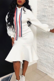 White Sweet Hooded Collar Knee Length Dress
