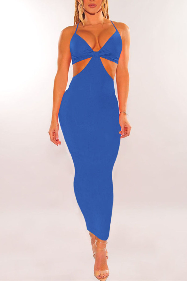 Color Blue Sexy Solid Hollowed Out Patchwork Spaghetti Strap Pencil Skirt Dresses