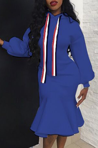 Blue Sweet Hooded Collar Knee Length Dress