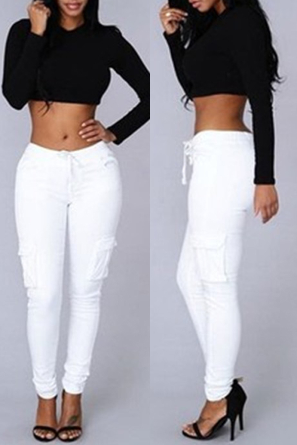 White Fashion Casual Solid Basic Regular Mid Waist Trousers