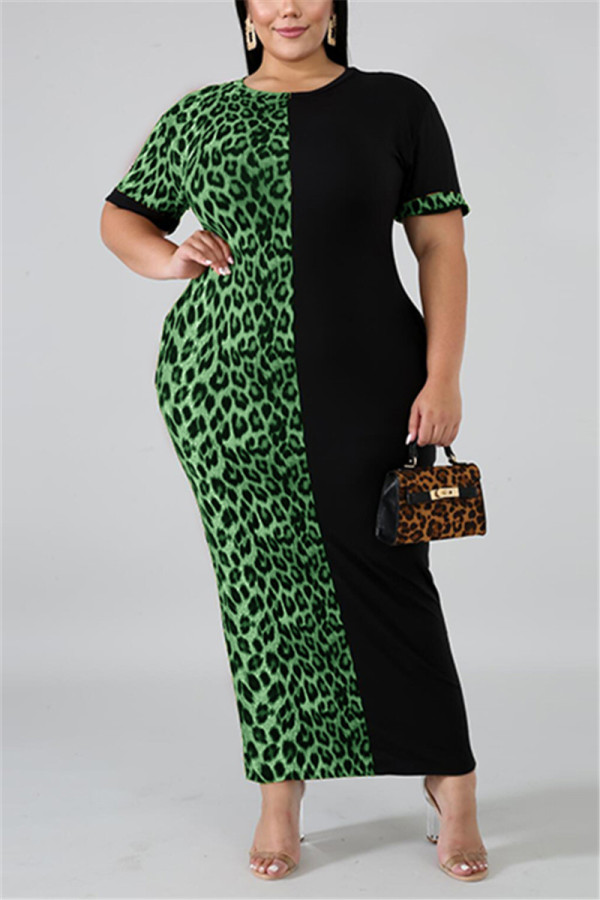 Green Fashion Casual Leopard Short Sleeve Dress