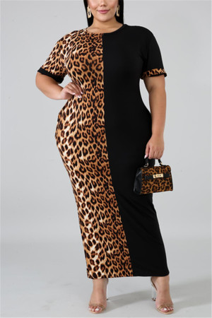 Black Fashion Casual Leopard Short Sleeve Dress