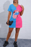 Blue Fashion Casual Lips Printed Split Joint V Neck T-shirt Dress