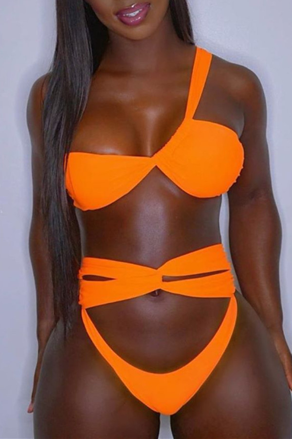 Fluorescent Orange Fashion Sexy Solid Hollowed Out Backless Swimwears
