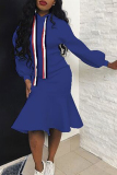 Blue Sweet Hooded Collar Knee Length Dress