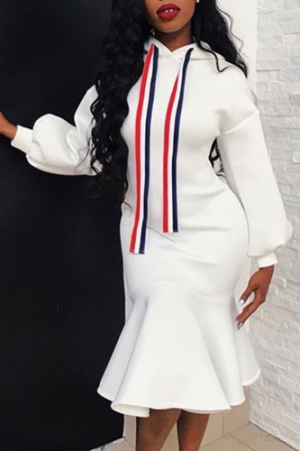 White Sweet Hooded Collar Knee Length Dress