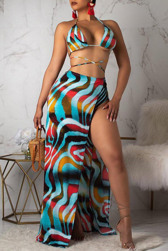 Blue Fashion Sexy Print Backless Strap Design Swimwears