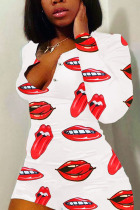 White Living Print Lips Printed Without Belt V Neck Regular Jumpsuits