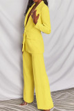 Yellow Fashion Casual Solid Basic Turn-back Collar Long Sleeve Two Pieces