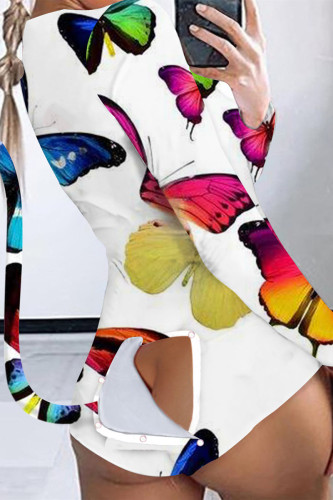 White Fashion Living Print Patchwork V Neck Skinny Romper
