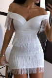 White Sexy Off-The-Shoulder Fringe Skinny Evening Dress