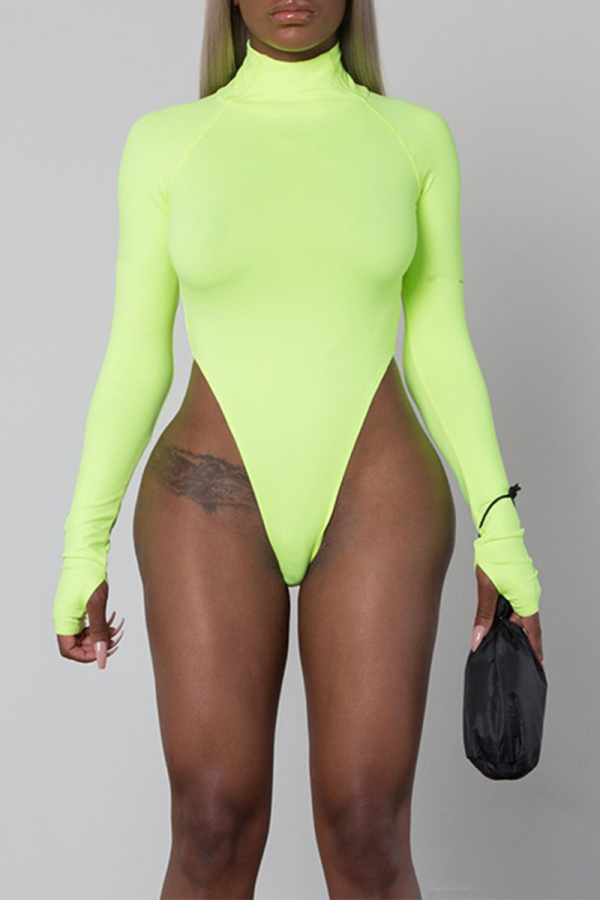 Fluorescent Green Sexy Solid Patchwork Turtleneck Skinny Jumpsuits