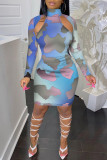 Blue Fashion Casual Print Hollowed Out Turtleneck Long Sleeve Dresses
