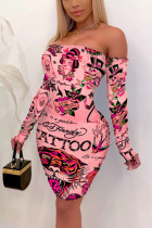 Pink Sexy Print Bateau Neck Pencil Skirt Dresses