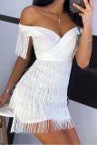 White Sexy Off-The-Shoulder Fringe Skinny Evening Dress