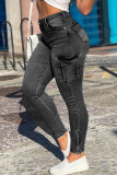 Black Fashion Casual Solid Basic Mid Waist Regular Jeans