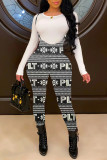 Black Gray Fashion Casual Print Basic O Neck Long Sleeve Two Pieces
