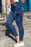 Blue Fashion Casual Solid Basic Mid Waist Regular Jeans
