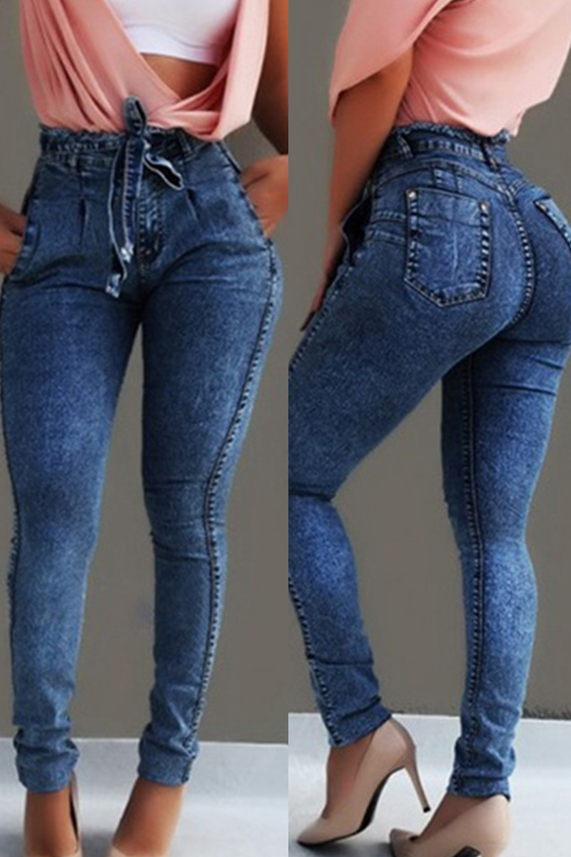 Dark Blue Fashion Casual Solid Basic Mid Waist Skinny Jeans_Jeans ...