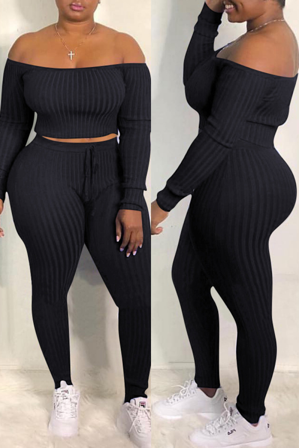 Black Fashion Casual Solid Backless Off the Shoulder Long Sleeve Two Pieces