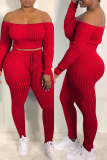 Red Fashion Casual Solid Backless Off the Shoulder Long Sleeve Two Pieces