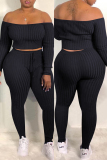 Black Fashion Casual Solid Backless Off the Shoulder Long Sleeve Two Pieces