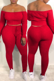 Red Fashion Casual Solid Backless Off the Shoulder Long Sleeve Two Pieces