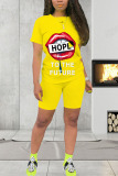 Yellow Sexy Print Lips Printed O Neck Short Sleeve Two Pieces