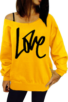 Yellow Leisure Round Neck Long Sleeves Letters Printing Pullover