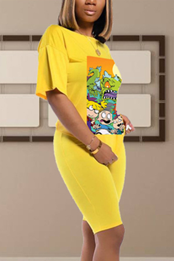 Yellow adult Casual Fashion Ma'am Two Piece Suits Print pencil Short Sleeve Two-Piece Short Set