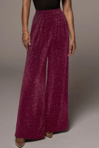 Burgundy Casual Sportswear Solid Sequins Fold Without Belt Regular Mid Waist Straight Bottoms